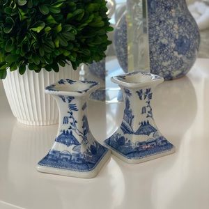 Blue and White Ceramic Candlestick Holders